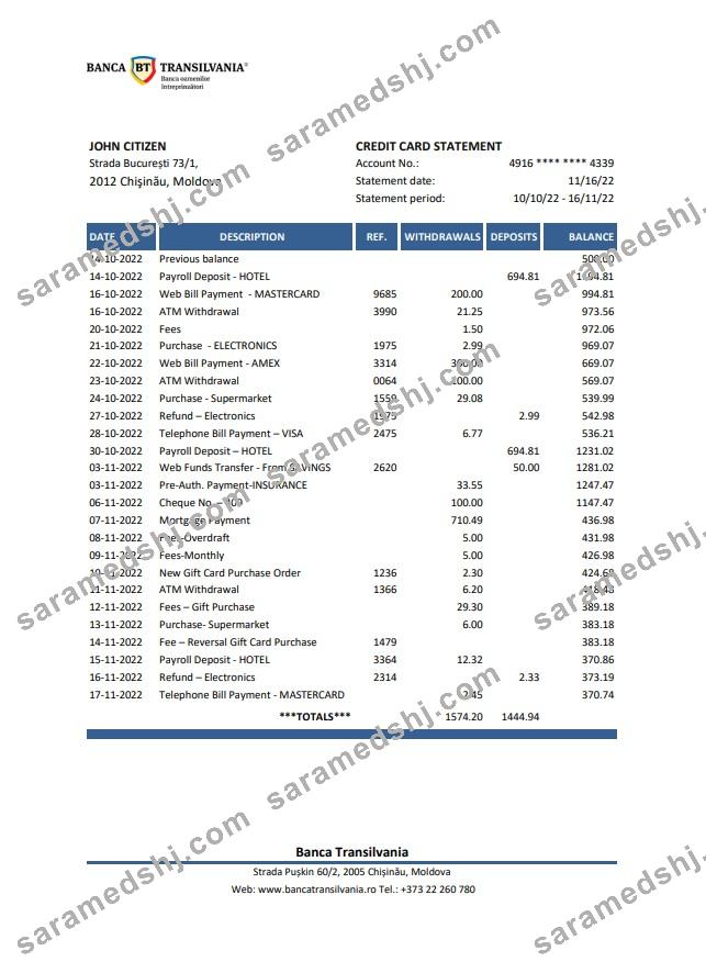 Moldova Banca Transilvania bank statement